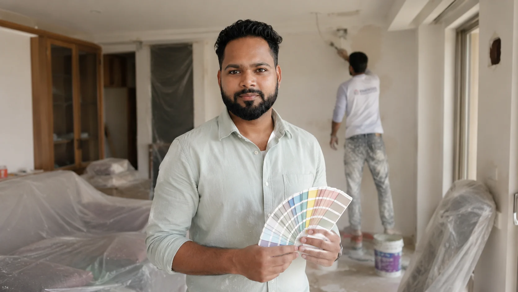 Professional house painter Rahul Sahani checking a color shade card at a flat in Aerocity Mohali