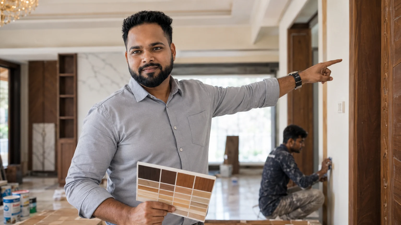 Professional house painter Rahul Sahani discussing a premium painting and wood polish project at a kothi in MDC Panchkula